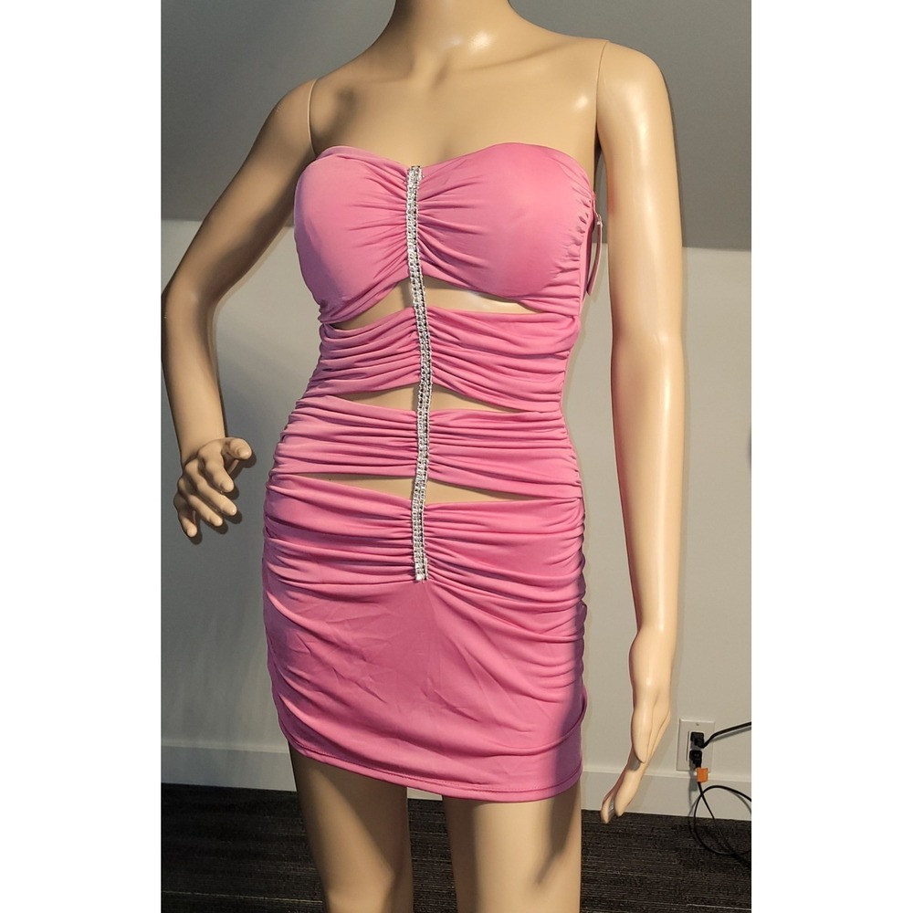 Sexy Women Pink w/Rhinestone Strapless  Mini Club‎ Party Cocktail Dress Small